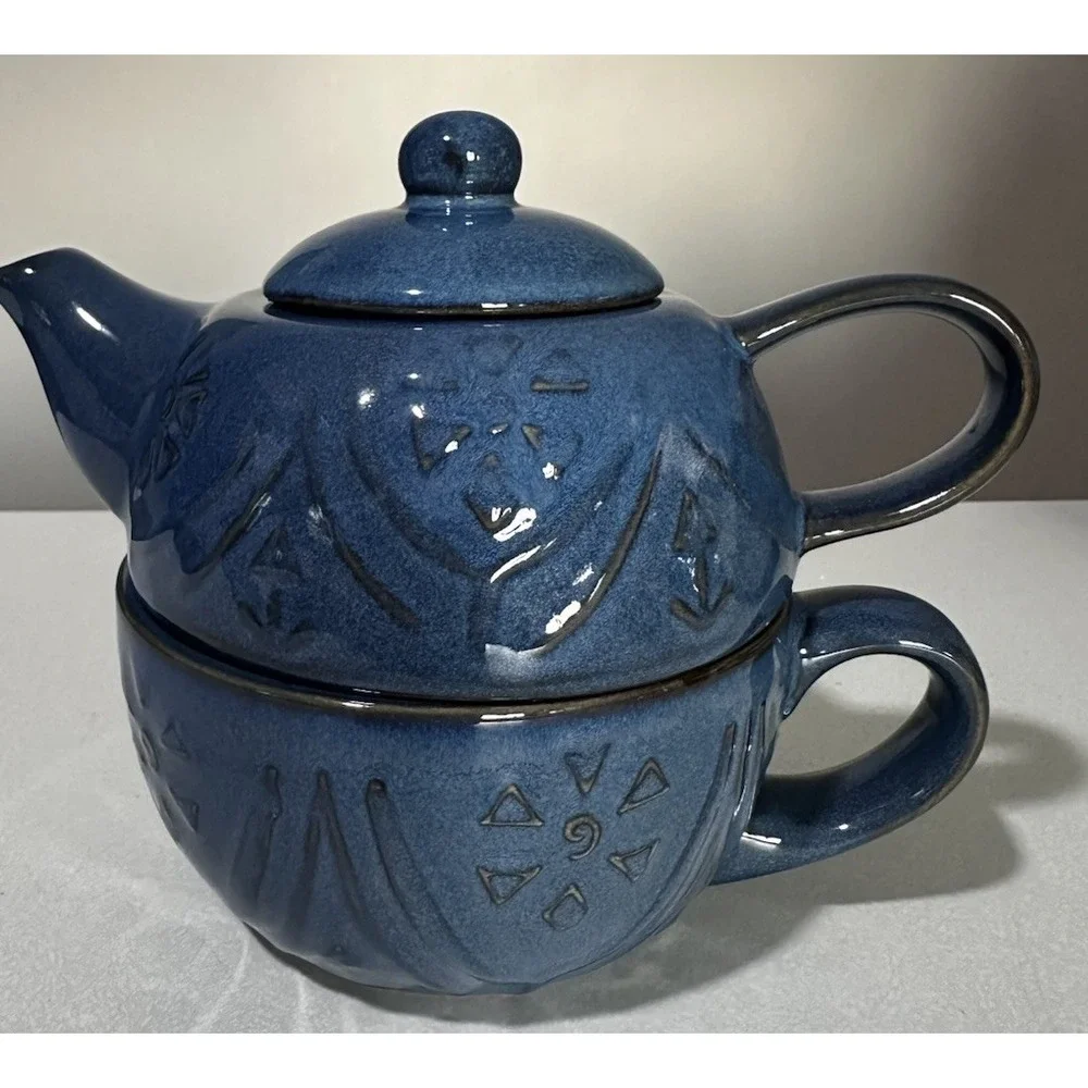 Pier 1 Blue Glazed Stoneware Teapot for One Set Cup w Lid Embossed Floral Boho